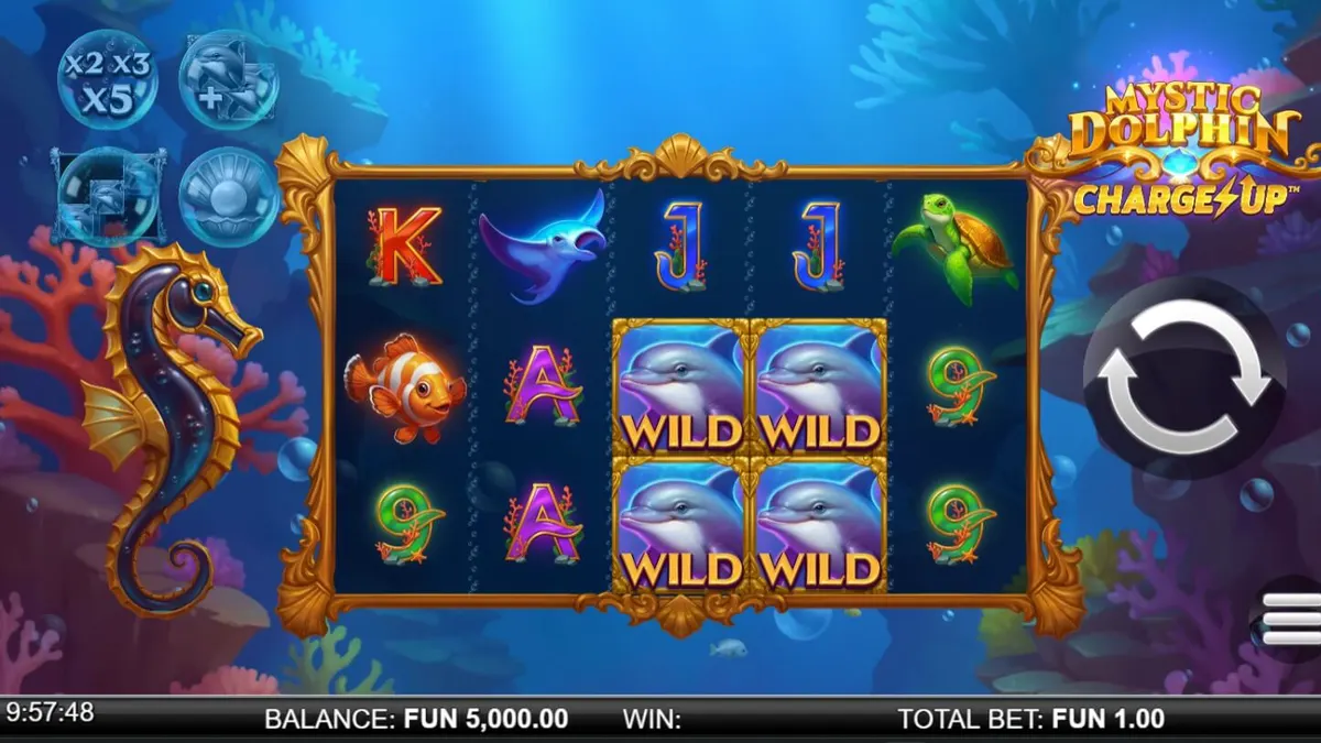 Tampilan visual slot Mystic Dolphin Charge Up dengan tema bawah laut dan lumba-lumba.